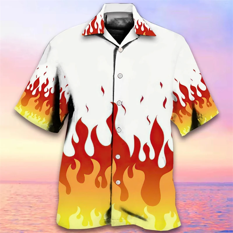 2024 Men's 3D Flame Print Shirt Hawaiian Casual Short Sleeved Shirt Fashion Beach Vacation Lapel Shirt Mens Summer Shirt Clothes