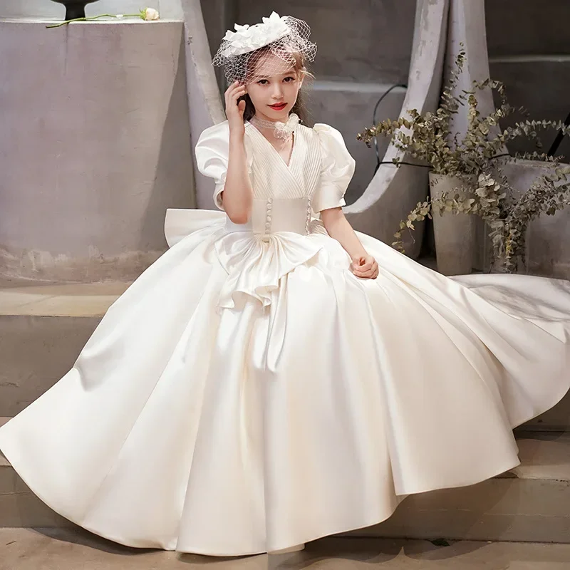 2023 Flower Girl Long Dress Kids Bridemaid Wedding Dresses For Children Big Bow Ball Gowns Girls Boutique Formal Elegant Frocks