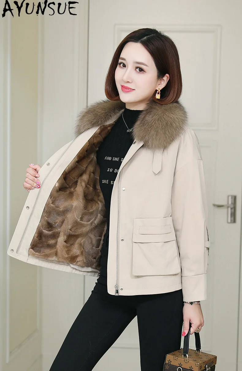 معطف فرو المنك الحقيقي من AYUNSUE ملابس شتوية للنساء بياقة من فراء الثعلب سترة بطانة قابلة للفصل معطف فرو حقيقي معاطف نسائية معاطف Palldtt Жengarško #4