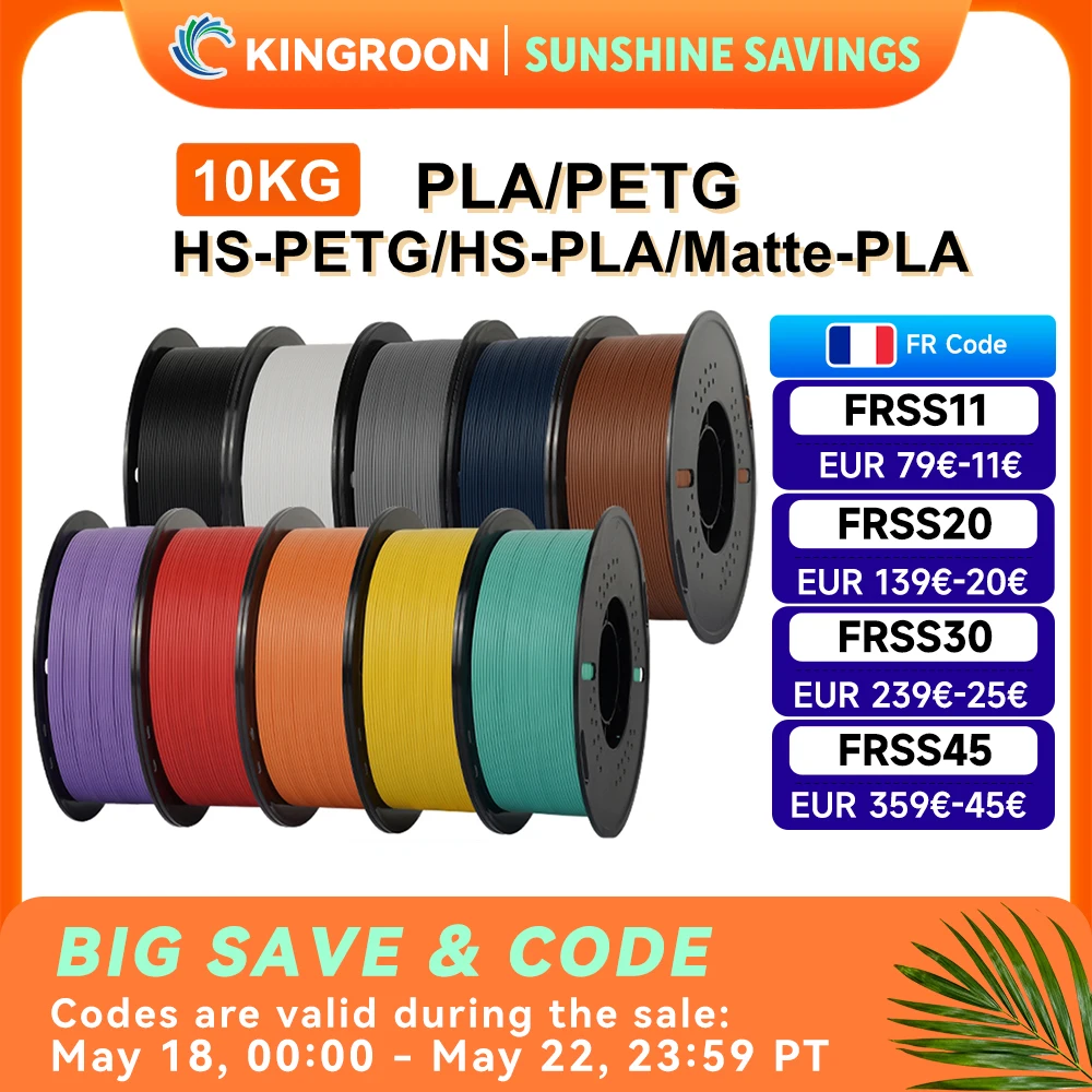 KINGROON 10KG(22LBS) PLA PETG HS-PLA HS-PETG Filament 1.75mm matériau d'imprimante 3D haute vitesse mat PLA 1kg * 10 rouleau mélange de couleurs