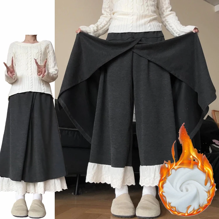 Pantalones de pierna ancha con forro de encaje y efecto adelgazante para mujer, falda envolvente de imitación drapeada, ropa informal, Otoño e Invierno