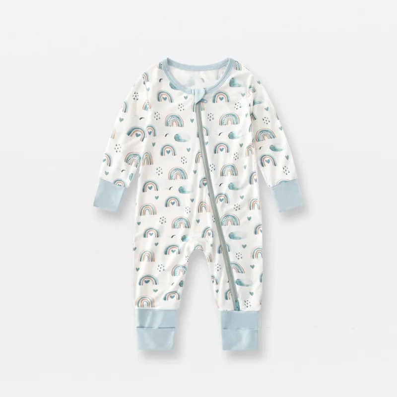 Newborn Bamboo Fiber Soft Jumpsuit Long Sleeve Flower Print Baby Boys Girls Rompers Kids Clothes Climb Suits Zipper Sleepwear