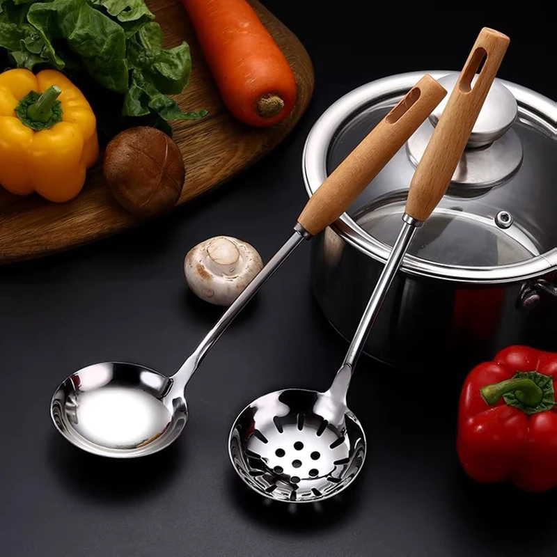 

Wooden Handle Soup Spoon Colander Tableware Korean Stainless Steel Hot Pot Ramen Noodles Tablespoons Home Kitchen Porridge Ladle