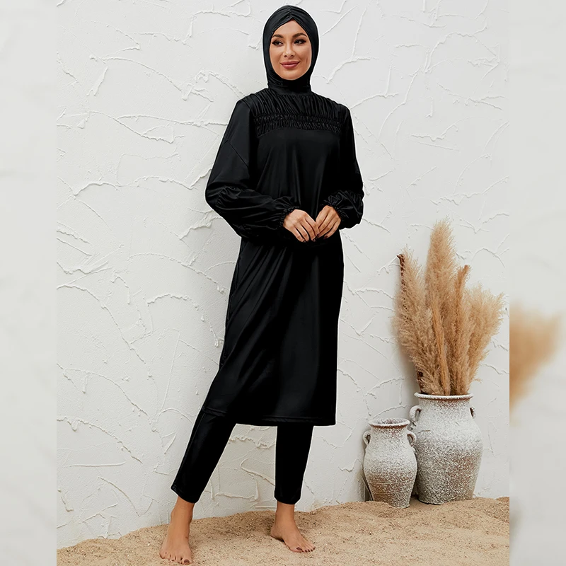 2024 Summer New Muslim Swimwear Black Modest Burkinis Hijab Swim Tops Pants Set Islamic Arabic Conservative Maillot De Bain Robe