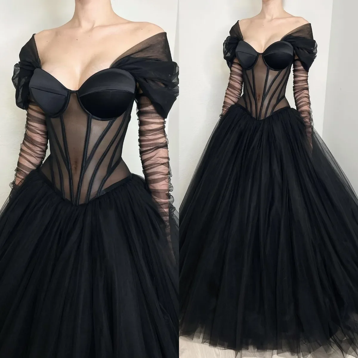 

Elegant A Line Gothic Illusion Long Sleeves Boho Wedding Dresses Bone Bodice Tulle Black Bridal Gowns Vestidos De Novias 2024