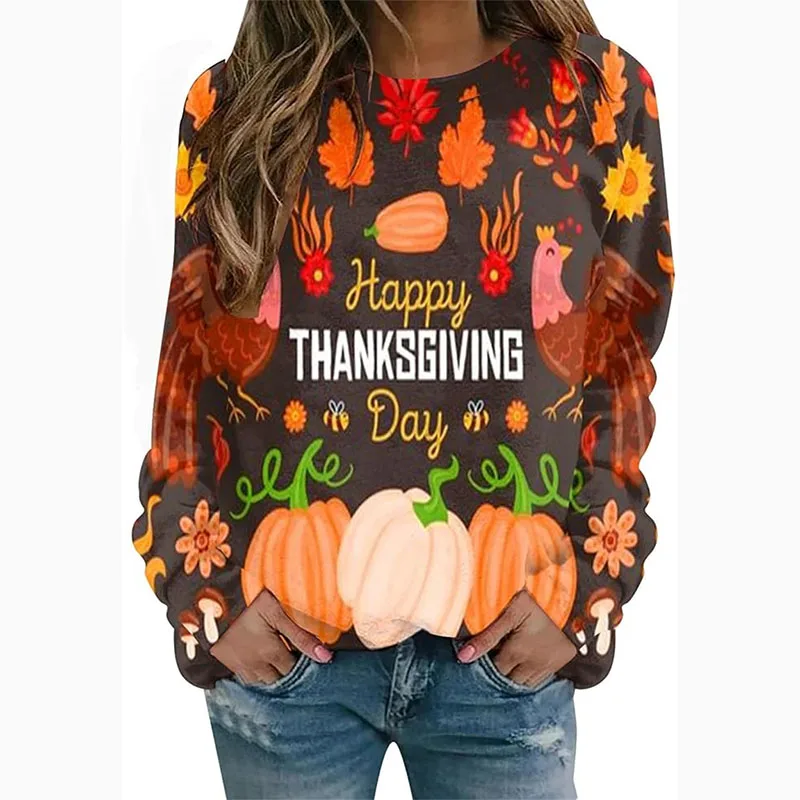 Harvest Thanksgiving Ugly Sweatshirt Women's Clothing 3D Printed Fun Cartoon Turkey Crewneck Sweatshirt Holiday Parties Pop Tops