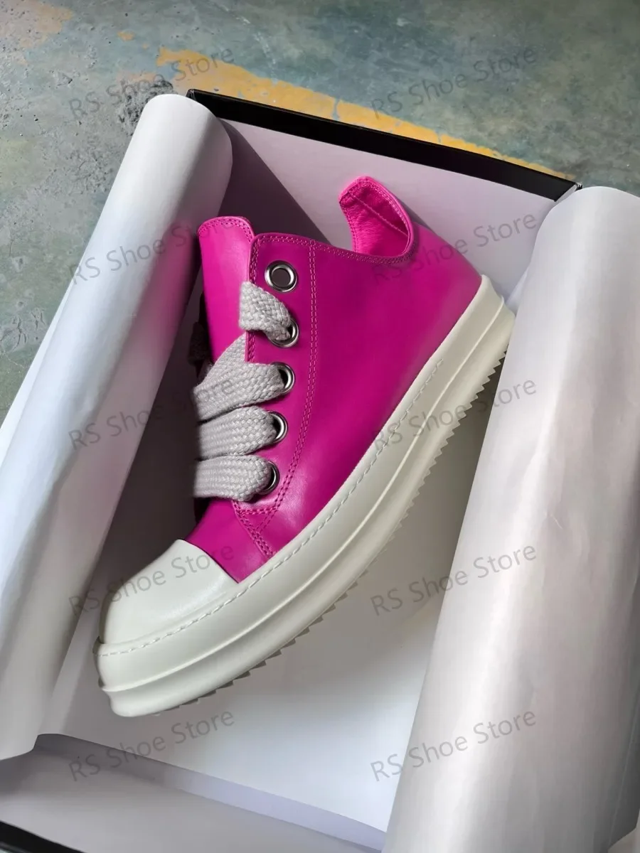 

Ro Men Sneakers Rose Pink Leather Low Top Shoe Jumbo Laces Women Sneaker Casual Shoes Design Thick Sole Flat Shoes