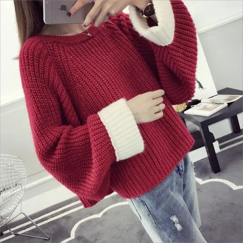 

Short sweater women's pullover new Korean version students loose autumn and winter lazy thick long-sleeved sweater