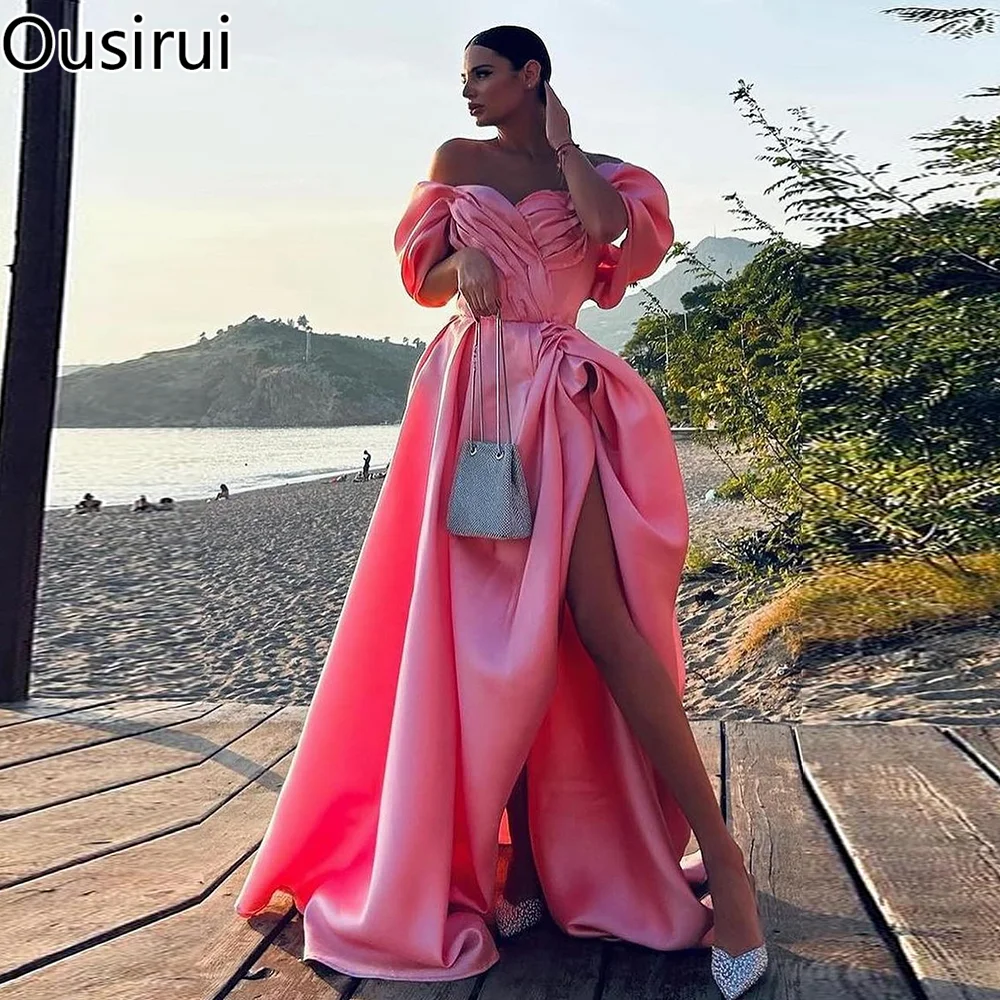 

OUSIRUI Modest Off the Shoulder Satin Pleated A-line Evening Dress Side Split Court Backless Evening Gown vestidos de festa