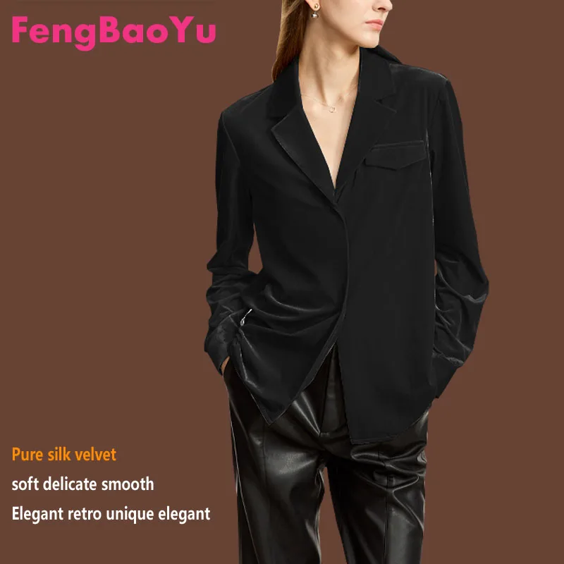 

Fengbaoyu Silk Velvet Women's Spring and Autumn Shirt Black Temperament Elegant Large Size 3XL top Mulberry Silk High Dress