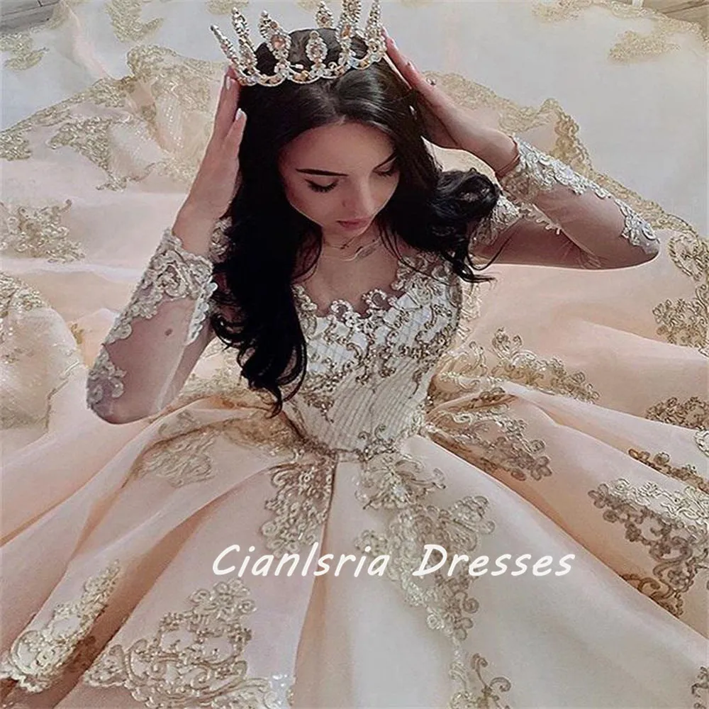 Роскошные платья цвета шампанского для Quinceanera 2022, кружевные бальные платья с аппликацией и кристаллами с длинным рукавом для выпусквечерние вечера