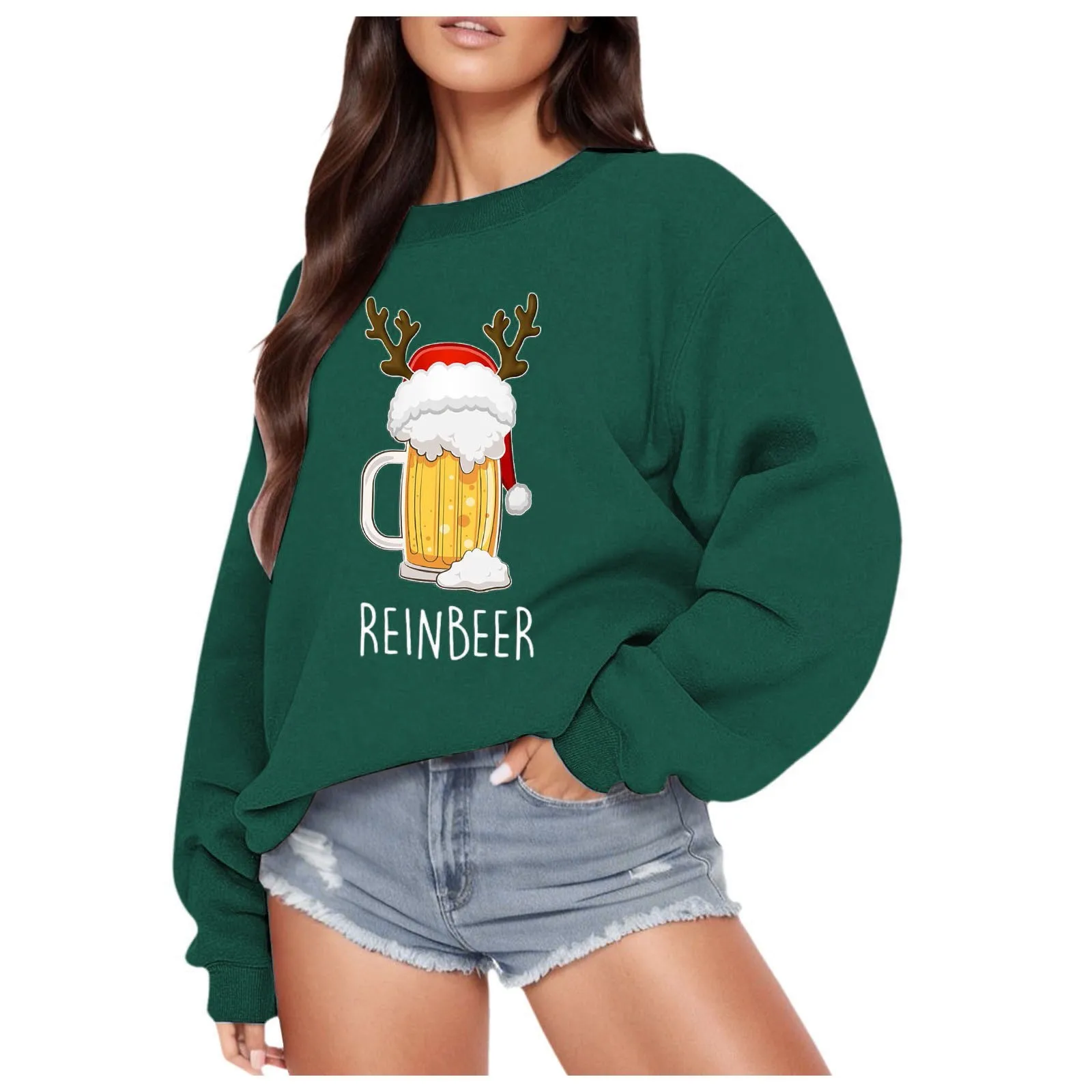 Christmas Sweatshirts Women's Rein Beer Print Long Sleeved Crew Neck Pullover Sweatshirts Female Clothes Holiday Women Blouse