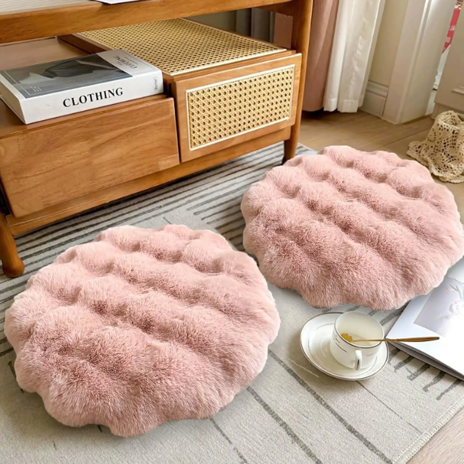 Floor Pillow Large Round Cushion with Memory Foam Soft Fake Fur Covers Round Floor Cushion for Tatami Living Room (15.7 In,2PS)