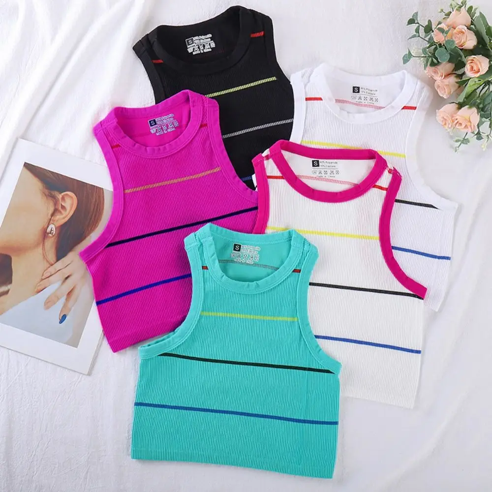 

Retro Women's Yoga Vest Colorful Striped Sleeveless Seamless Knitted Vest American Style Without Pad Sports Crop Tops Gym