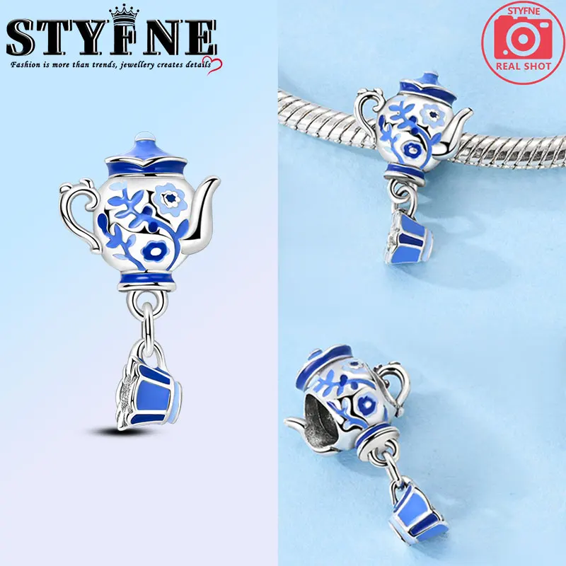 Travel Hobbies Beads 925 Sterling Silver Blue Celadon Teapot & Teacup bracelet charms for Women's Jewelry DIY Pulseras Gift