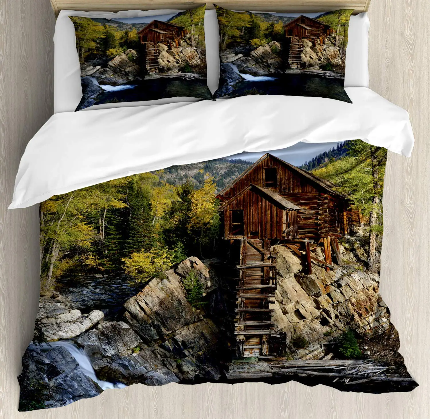 

Nature Duvet Cover Set, Waterfall Flowing Decorative 3 Piece Bedding Set with 2 Pillow Shams, Queen Full Size, Fern Green Blue