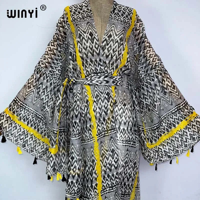 WINYI-Kimono de plage à manches longues avec ceinture, imprimé abstrait, cover-up pour bikini, cardigan sexy pour vacances, sensation de coton, robe maxi, été