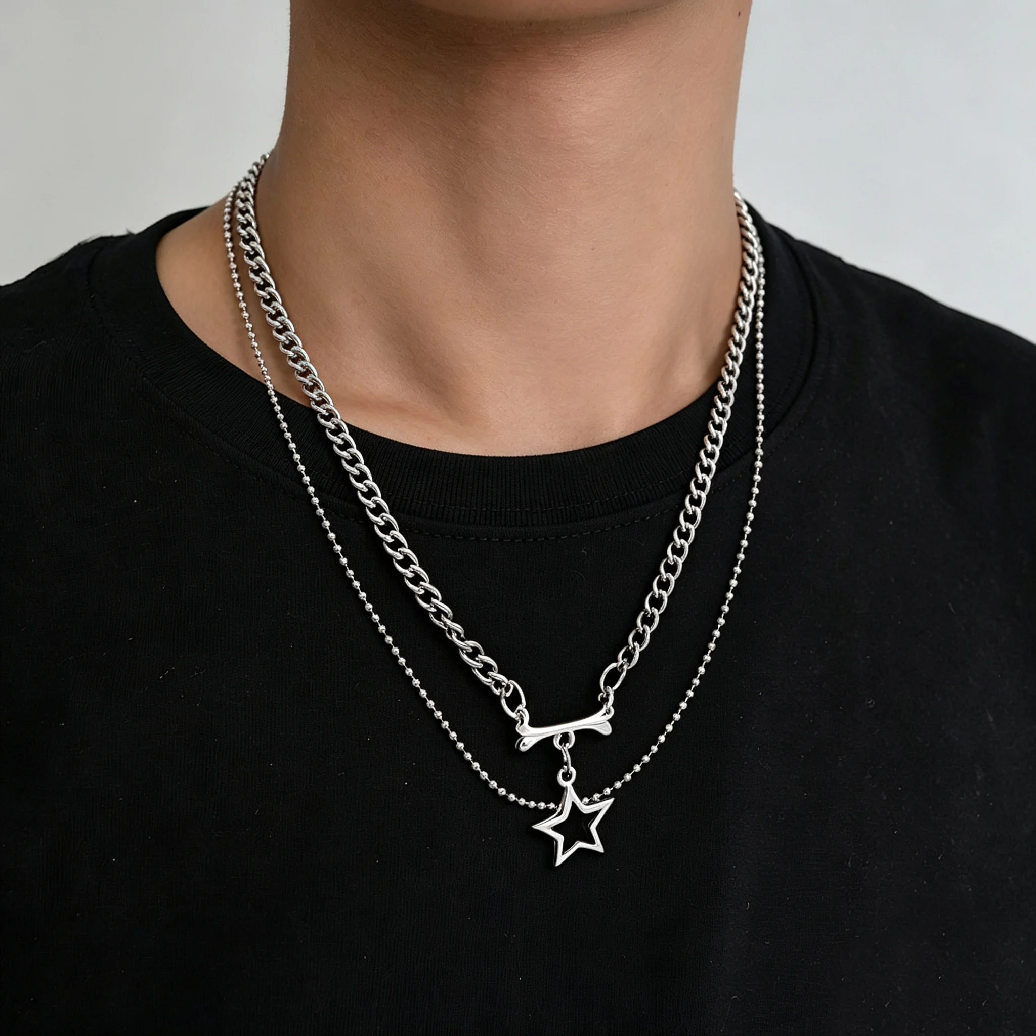 Silver Double Layer Stackable Choker Necklace For Women Men Hollow Star Clavicle Chain Necklaces Y2k Punk Fashion Jewelry Gifts