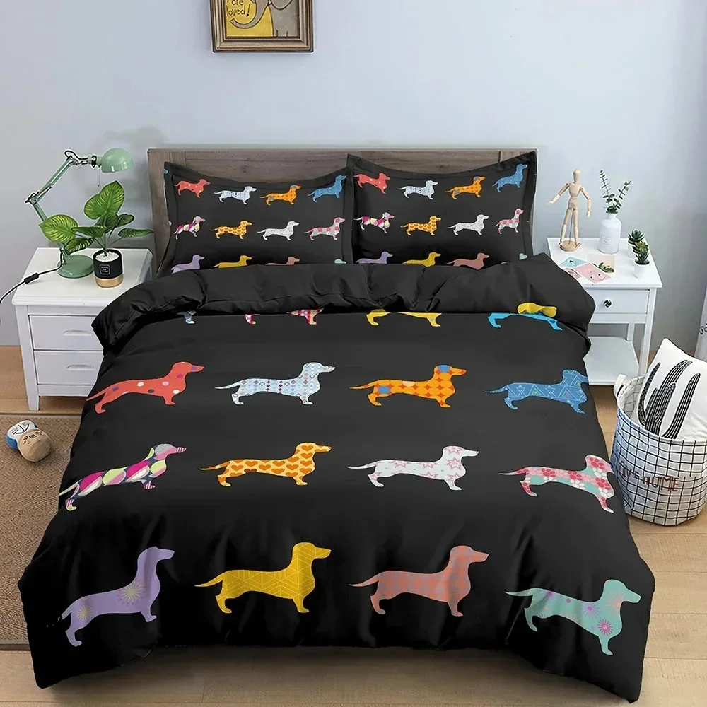 Dachshund Dog Bedding Set Cute Colorful Puppy Duvet Cover Cartoon Bed Cover Pet Dog King Queen Full Polyester Quilt Cover