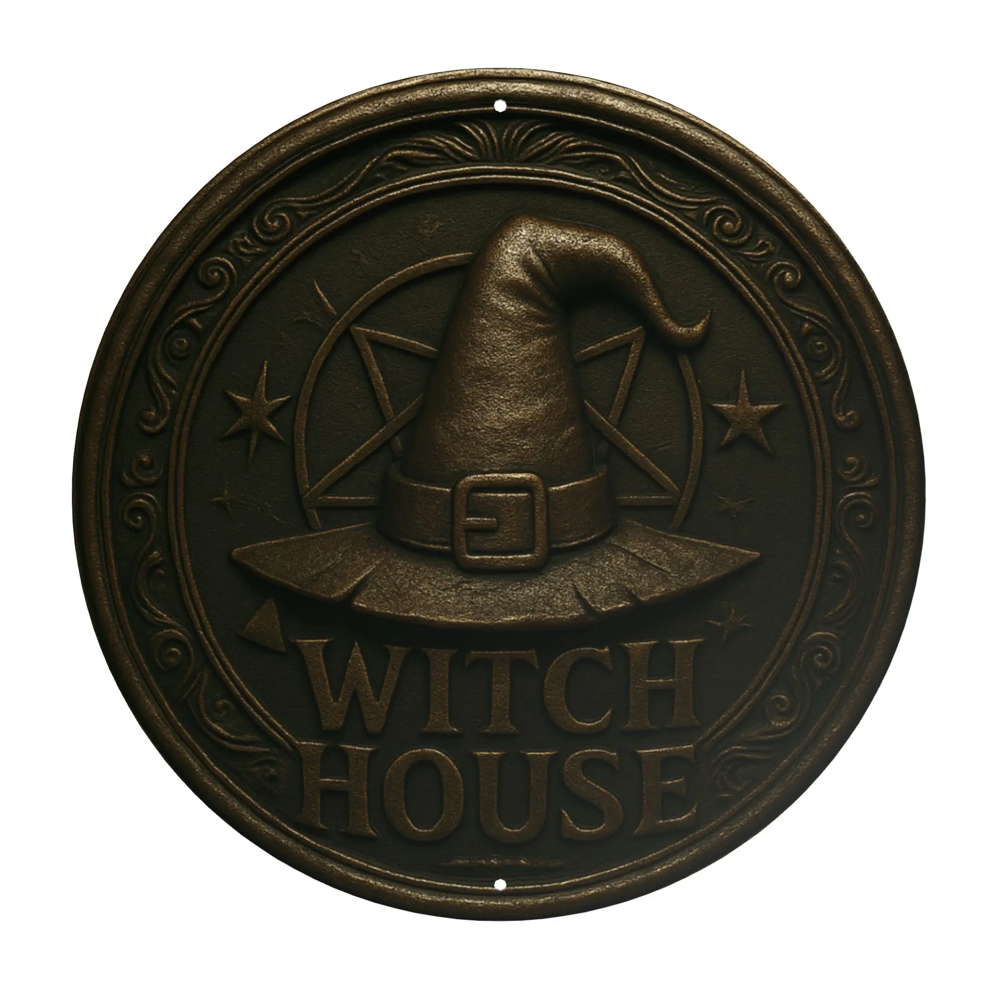 

1pc 2D Vintage Witch House Metal Sign Circular Iron Wall Decor with Star Witch Hat Broom Design Halloween Decor for Home Garage