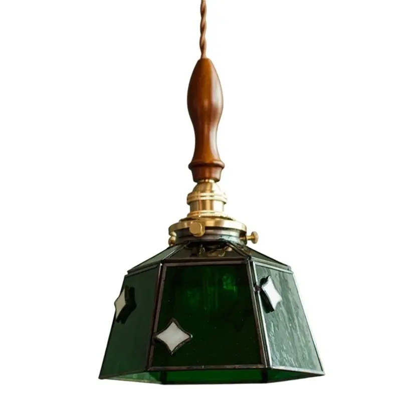 

ABKO-Vintage LED Pendant Lights Fixture Bedside Dining Living Room Loft Colorful Glass Copper Wood Hanging Lamp Lighting