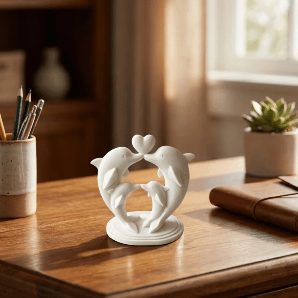 Heart-shape 3D Printed Dolphin Statue Cartoon Smooth Curved Dolphin Family Sculpture Plastic