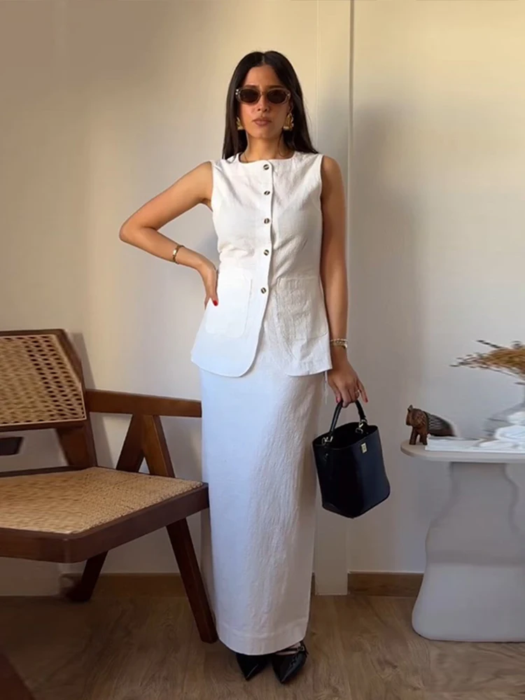 Moda gilet gonne Set donna elegante monopetto Top vita alta gonna Midi vestito femminile 2024 Sping Summer Lady 2 pezzi Set