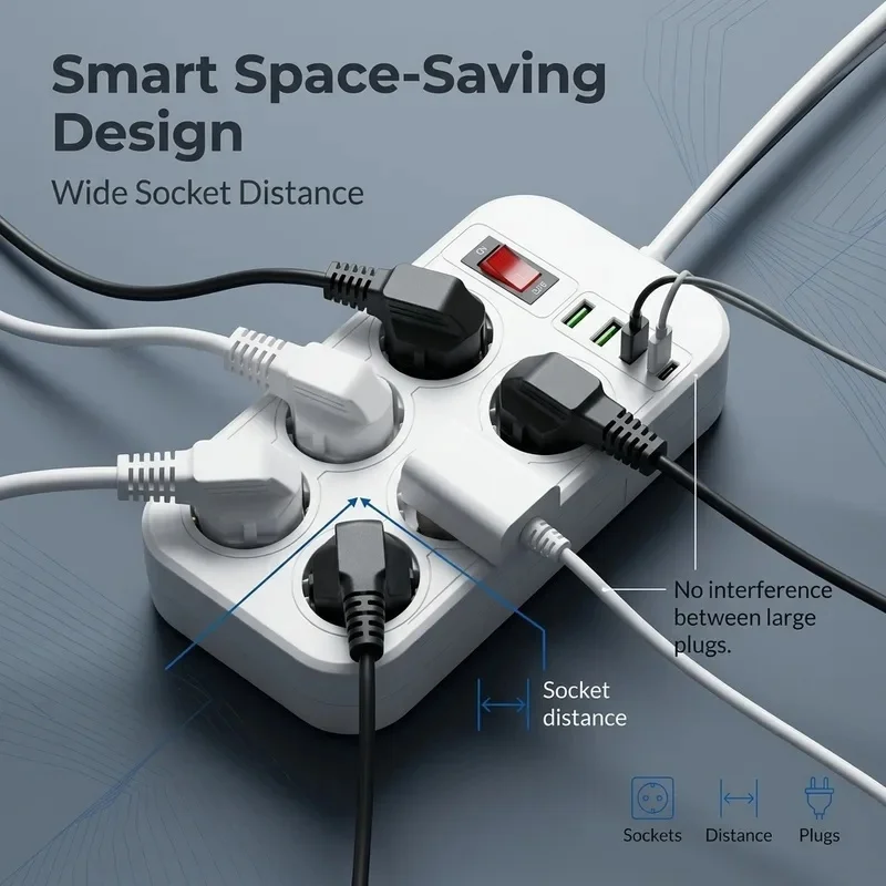 1500W EU Power Strip 6 AC Outlets 3 USB 1 Type-C Charging Ports 2M Cord Master Control Switch Wall Mount Socket for Home Office
