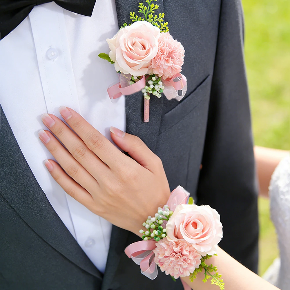 Boutonniere y corsage de pulsera de crisantemo y rosa, perfectos para bodas, fiestas, eventos nocturnos, bailes, viajes, aniversarios