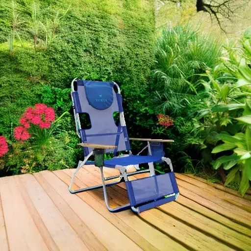 Outdoor Reclining Lounge Chair with Footrest, Lightweight Blue Stripe Patio Seating for Balcony or Backyard