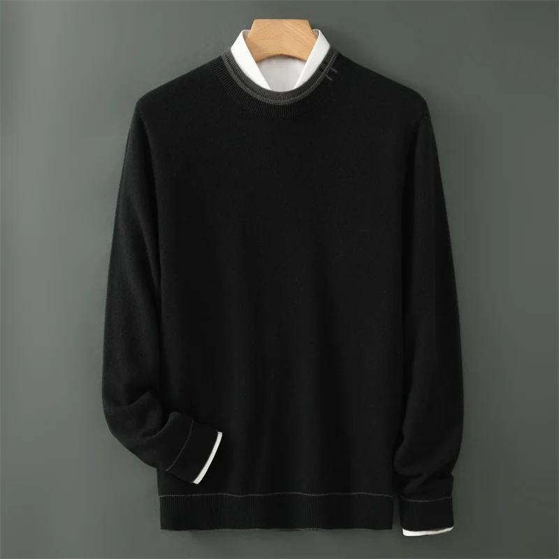 24 Pure Wool Sweater Men's Round Neck Autumn Winter New Item Thickened Color Blocked Fake Two-Piece Pullover Casual Knitted Base