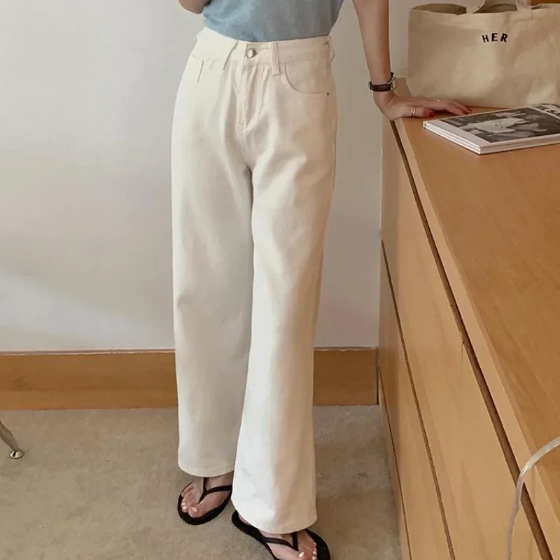 여성 데님 워싱 솔리드 빈티지 하이웨이스트 청바지 한국 스타일 패션 레트로 캐주얼 데일리 올매치 시크