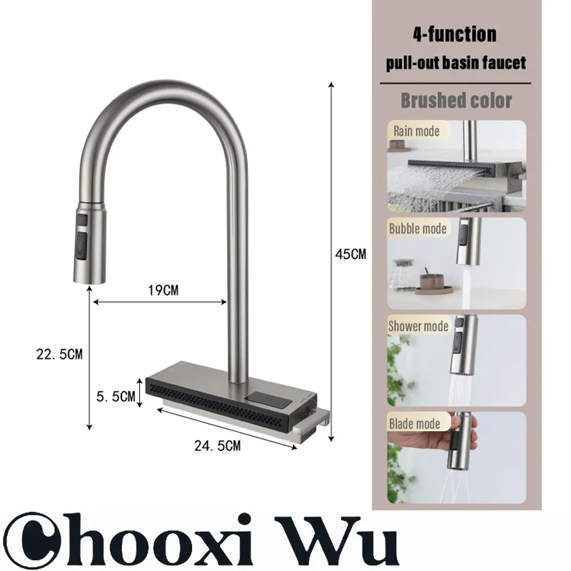 CHOOXIWU-Grote enkele kom roestvrijstalen gootsteen met kraan-digitale display waterval regen 5 functies systeem schotel wastafe