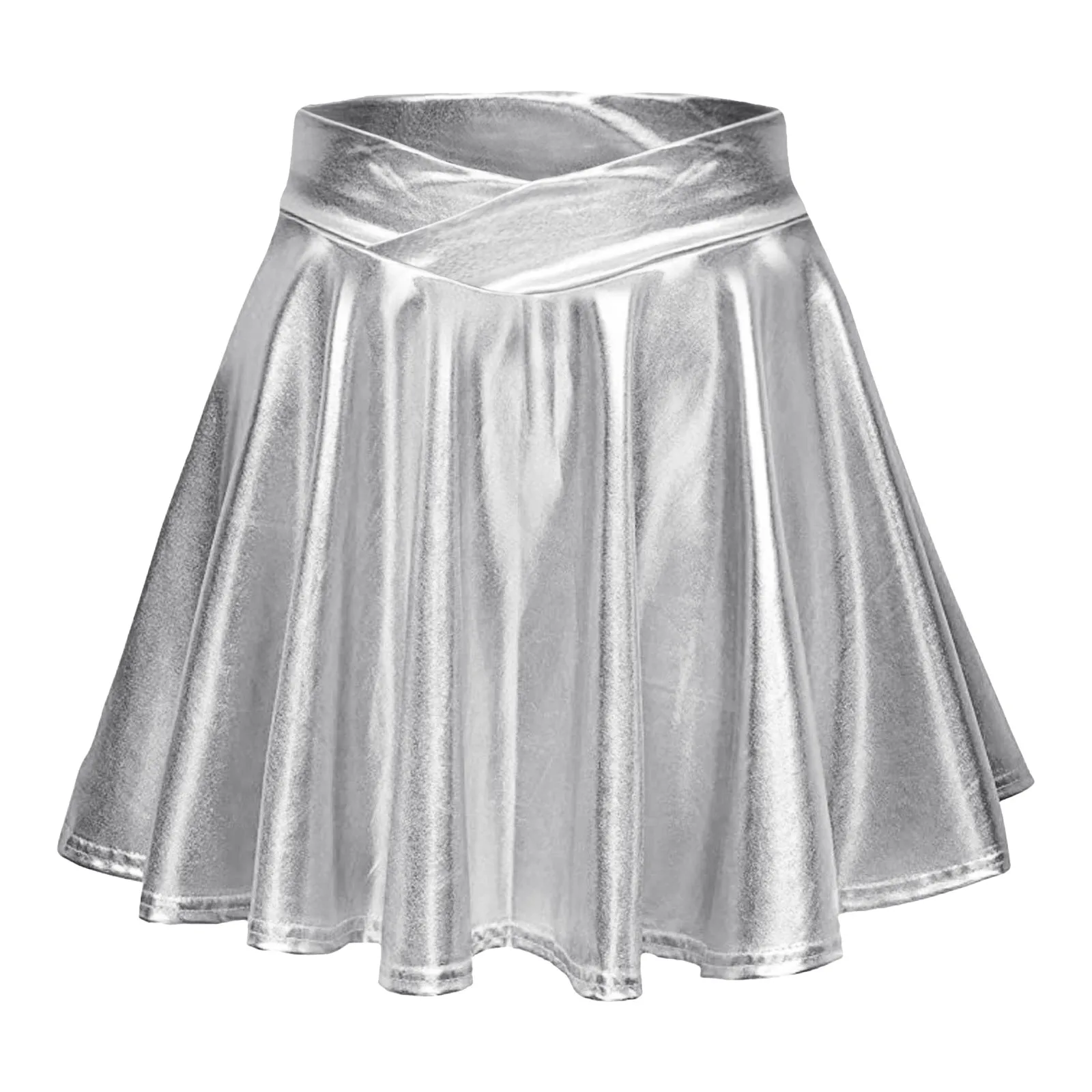 Dames Mode Hoge Taille Geplooide Effen Kleur Korte Rok Losse Rok Metallic Skater Rok Sprankelende Glanzende Uitlopende Scharnier Rok
