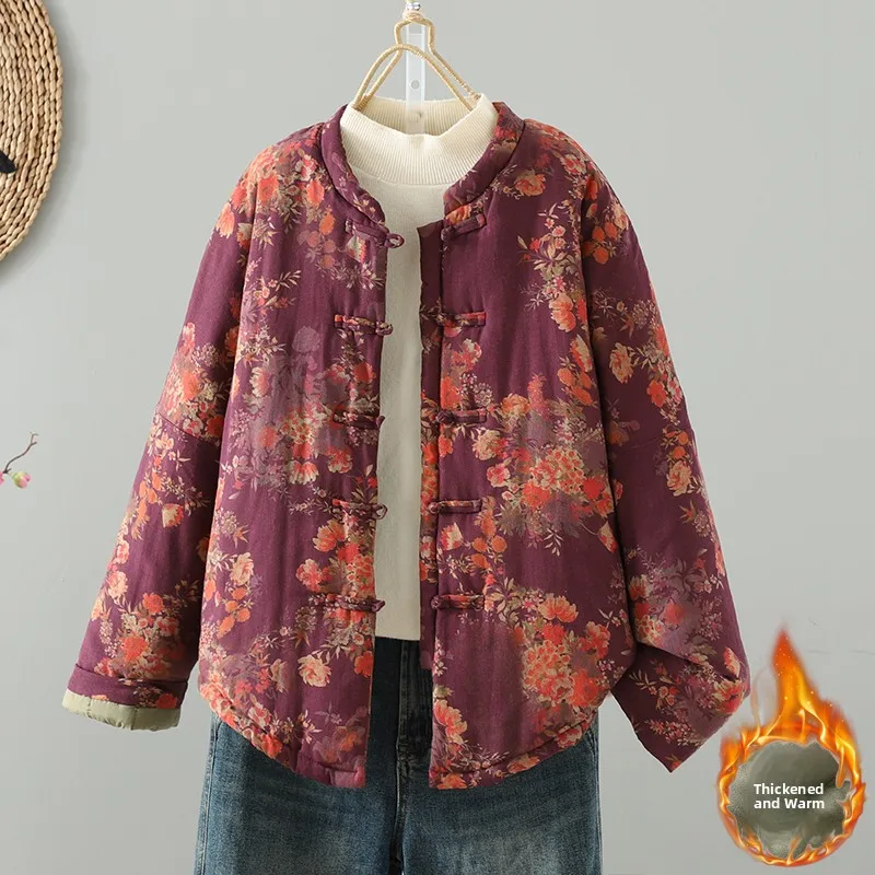 

Thiened Cotton Jaet Women's Winter Hanfu Cotton Linen Cotton Coat Long Sve Regular Length Single Button Closure Floral...