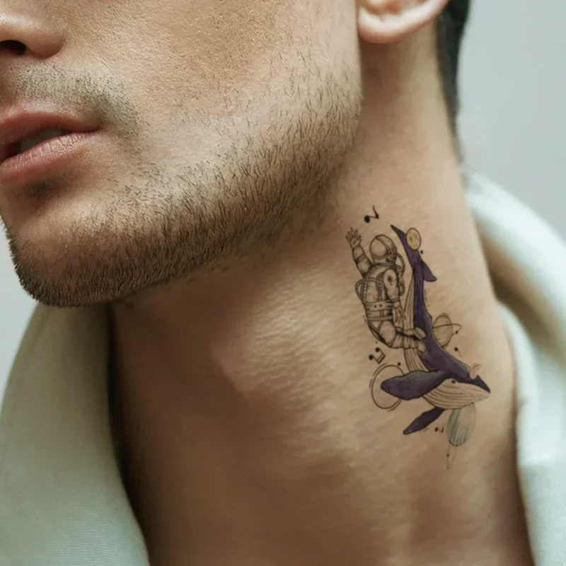 Татуировки-Наклейки-Кит-Астронавт-Планета-Мультфильм-Временная-Татуировка-Рука-Шея-Водонепроницаемые-Детские-Женские-Мужские-Поддельные-Татуировки-Цвет-Боди-Арт