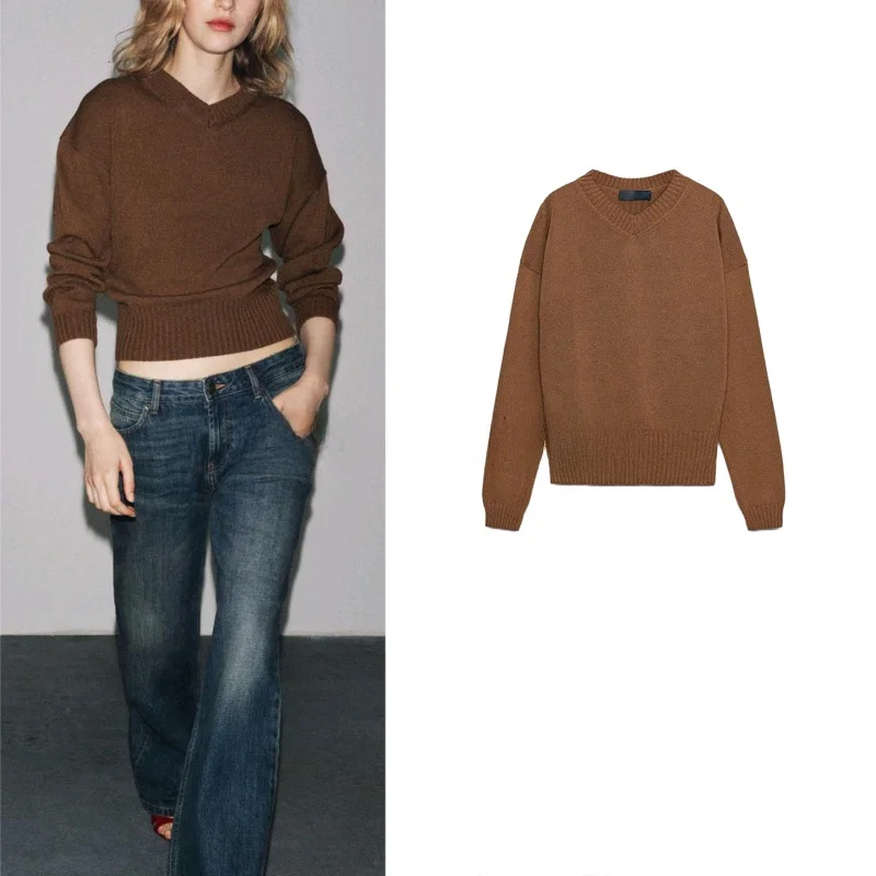 

Autumn Women's Lazy Sle Ribbed Color Simple Waist-Cinching V-ne Long Sve Knitwear Polyester Fiber Slim Fit