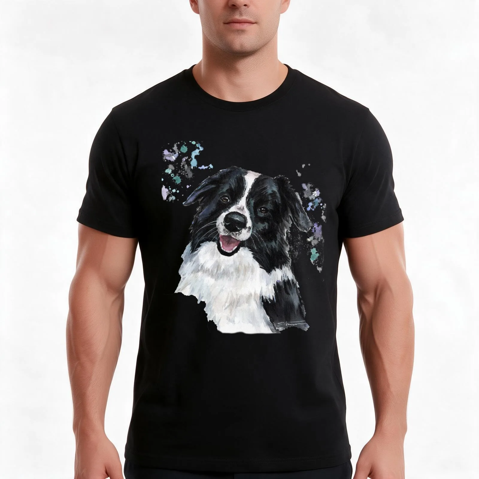 Watercolour Border Collie T-Shirt Summer Casual Cotton Tee Oversized Streetwear Tops Vintage Graphic Print Unisex Men Women
