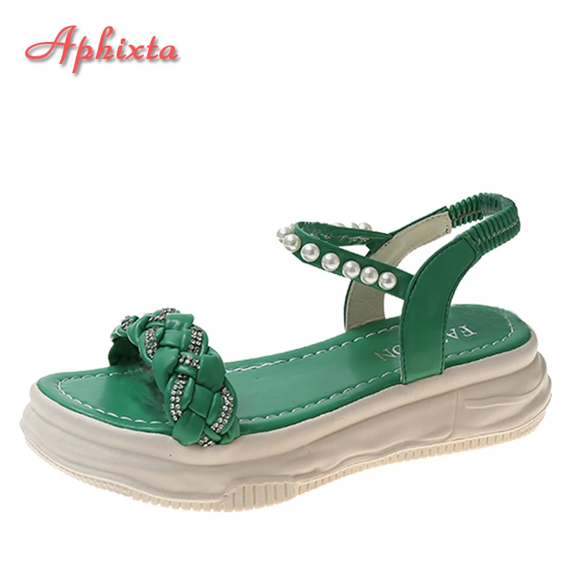 Aphixta Summer Green PearlString Bead Sandals Women Platfom 5cm Wedge Heel Shoes Contexture Rope Cool Crystals Slide