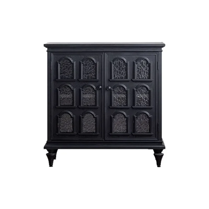 Solid wood living room against the wall Multifunctional water pattern glass Black entrance cabinet
