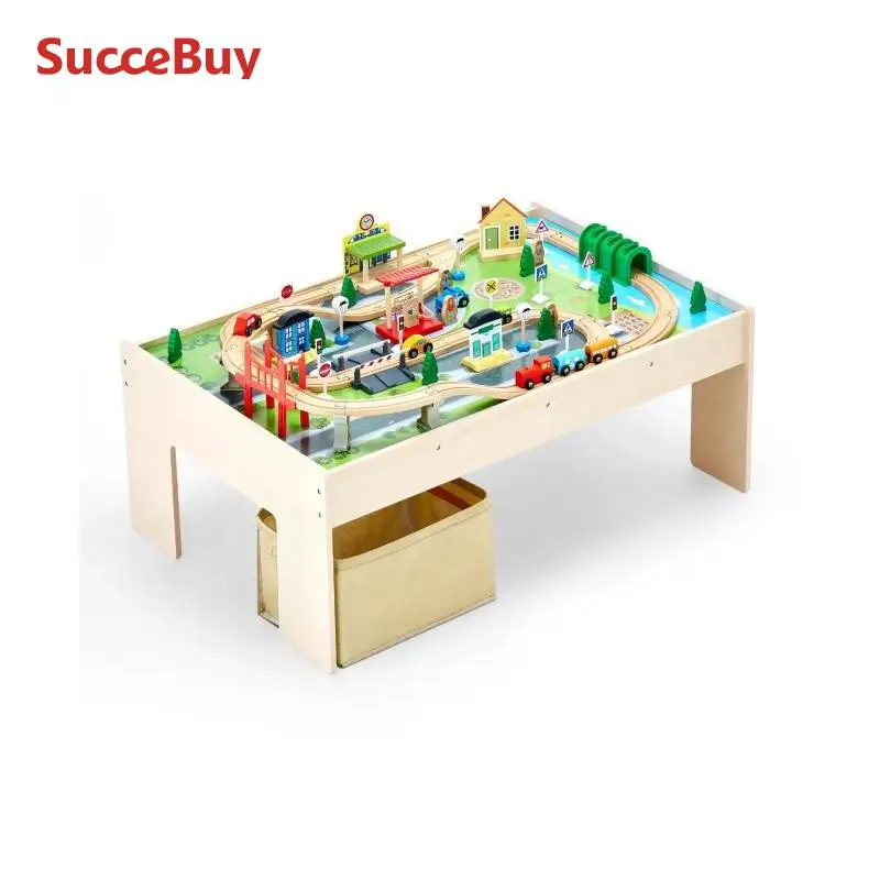 SucceBuy Ensemble de table de train en bois pour enfants 84 Jouets de table de jeu d'activité multicolore avec bac de rangement pour enfants Jouet de dessin de jeu