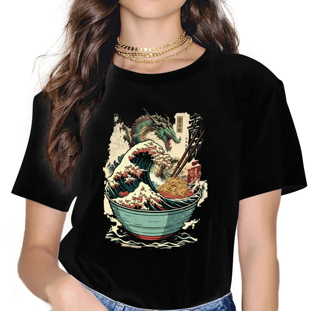 Vintage Dragon T-Shirt for Women Round Neck T Shirts The Great Ramen Off Kanagawa Short Sleeve Tees Printing Tops