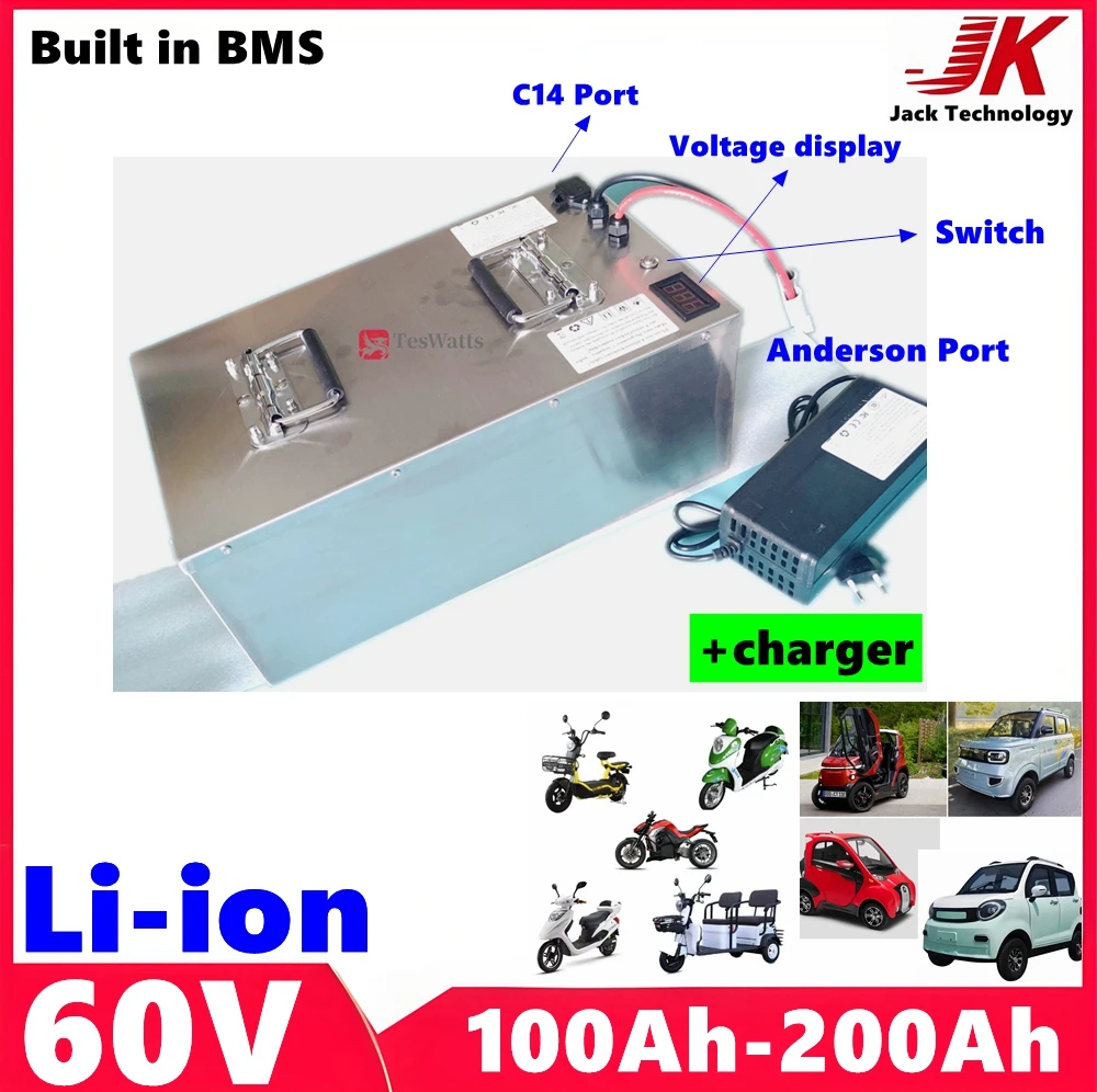 

JK 60v 100Ah 120Ah 150Ah 180Ah 200Ah lithium ion Battery Pack with BMS for EV scooter motorcycle tricycle Gocart+10A/20A Charger