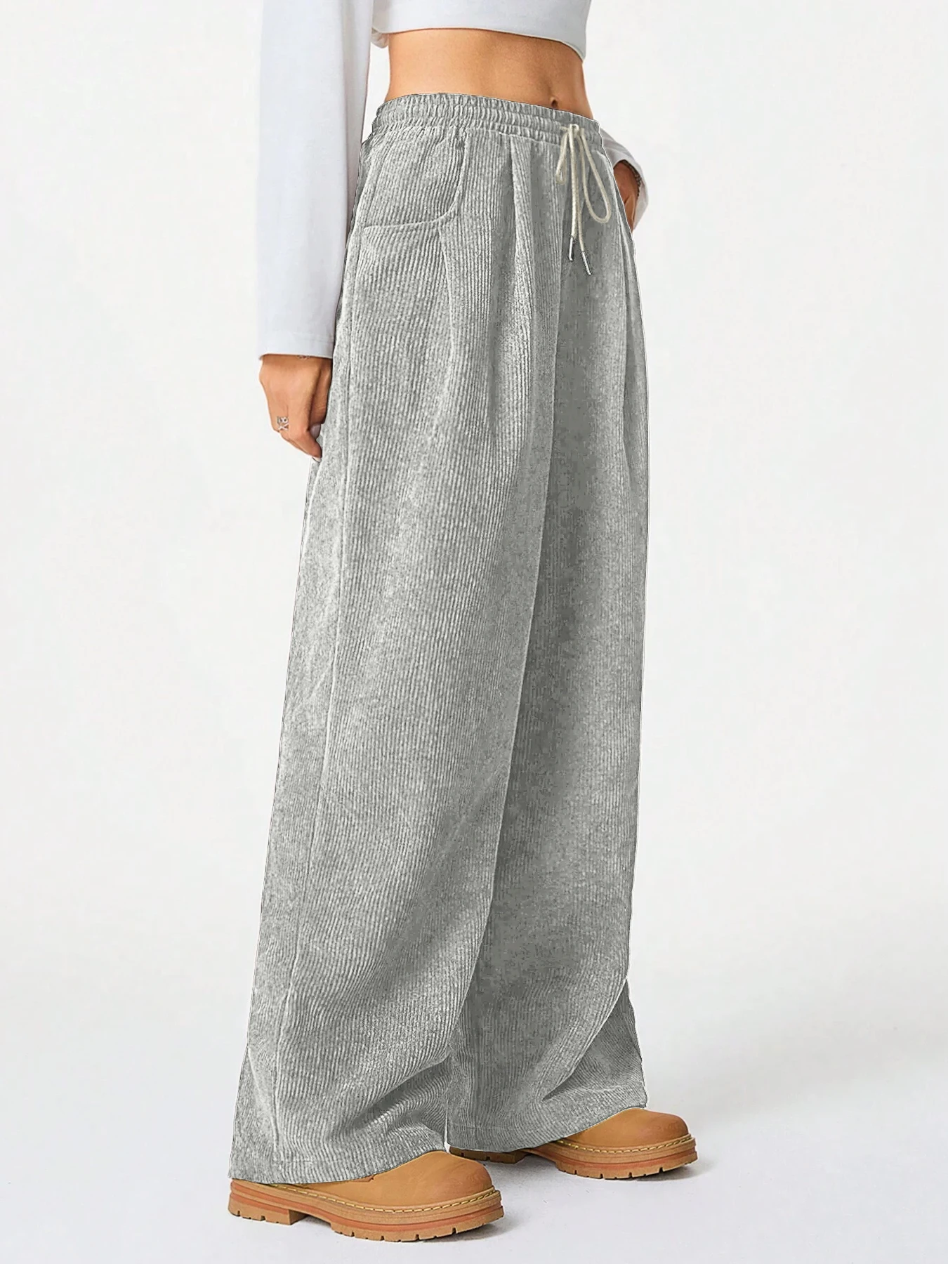 Damen Retro Cord Cargo-Hose Lässige Kordelzug Gerade Sporthose Fließende Alltags-Pendlerhose mit Weitem Bein – Detail 8