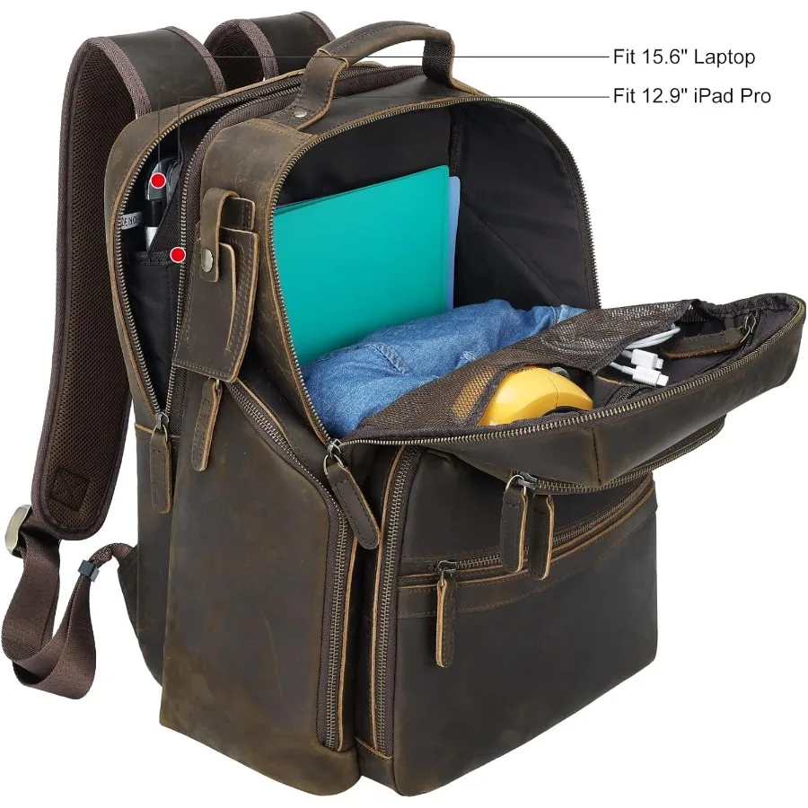 حقيبة ظهر للكمبيوتر المحمول مقاس 15.6 بوصة من الجلد الكلاسيكي من TIDING، متعددة الجيوب، حقيبة ظهر للسفر، حقيبة نهارية للأعمال طوال الليل