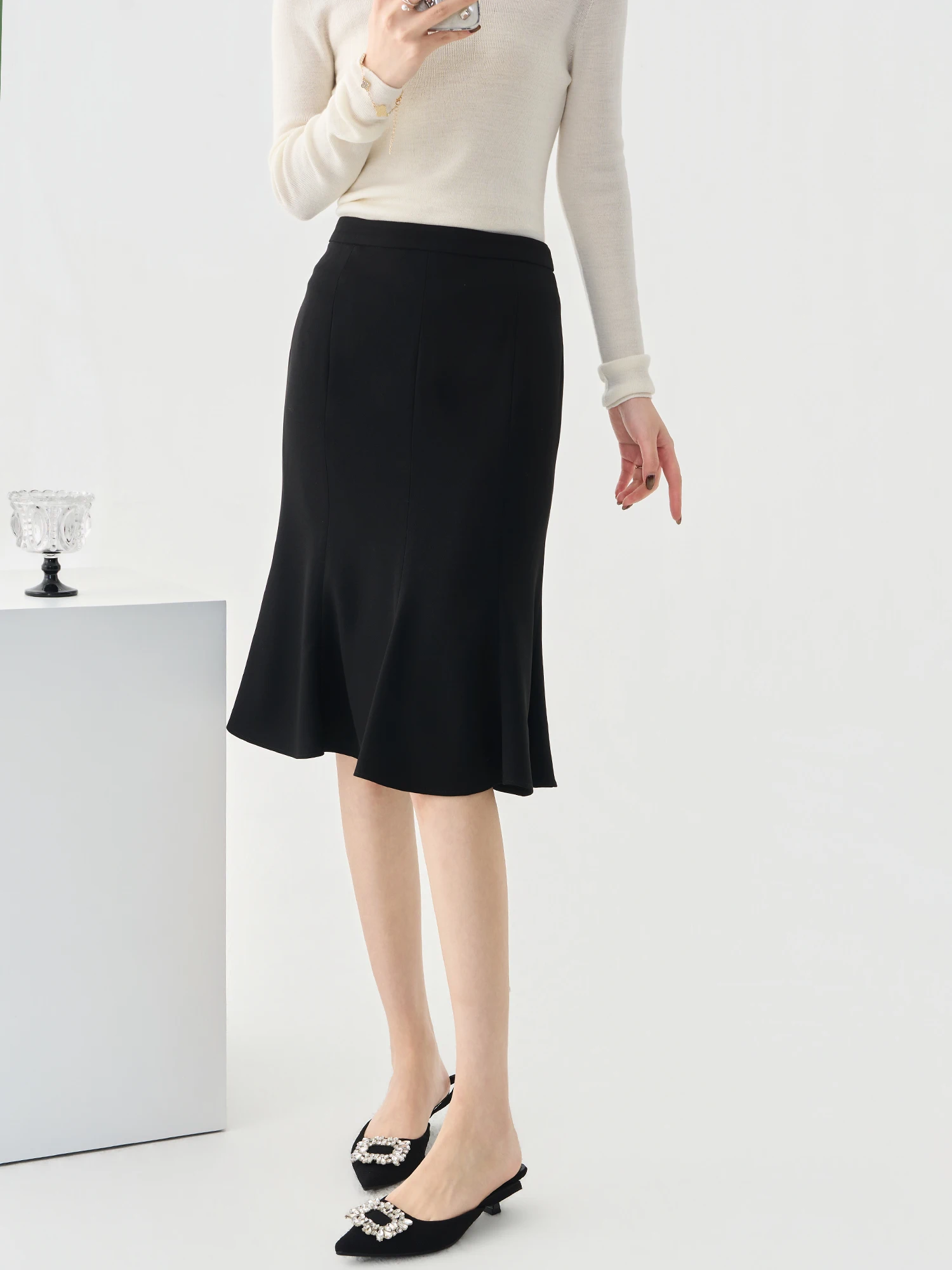 

Ele High Waist Fi Tail f Skirt for Women in Bla Suitable for Commuting Appropriate Sle Midi Skirt