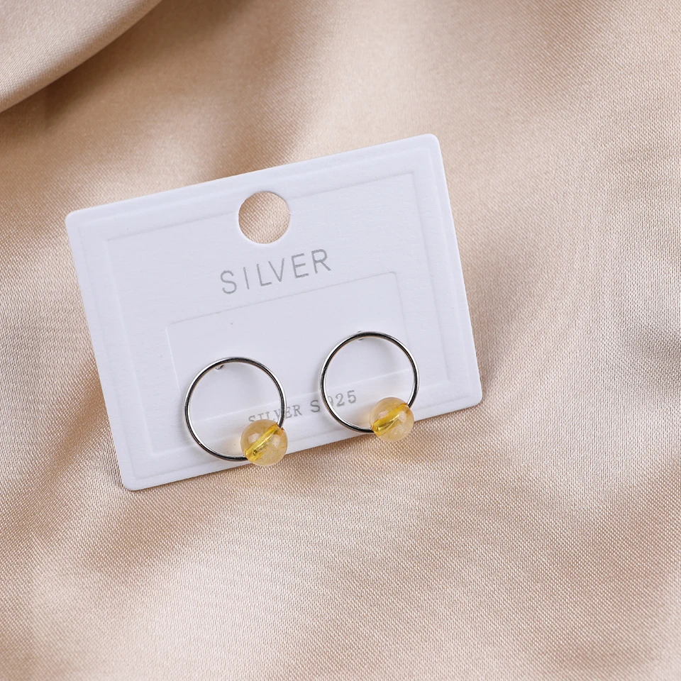 

925 Sterling Silver Earrings Anti Allergic Natural Stone Round Yellow Crystal Amethyst Semi Precious Stone Jewelry Gift