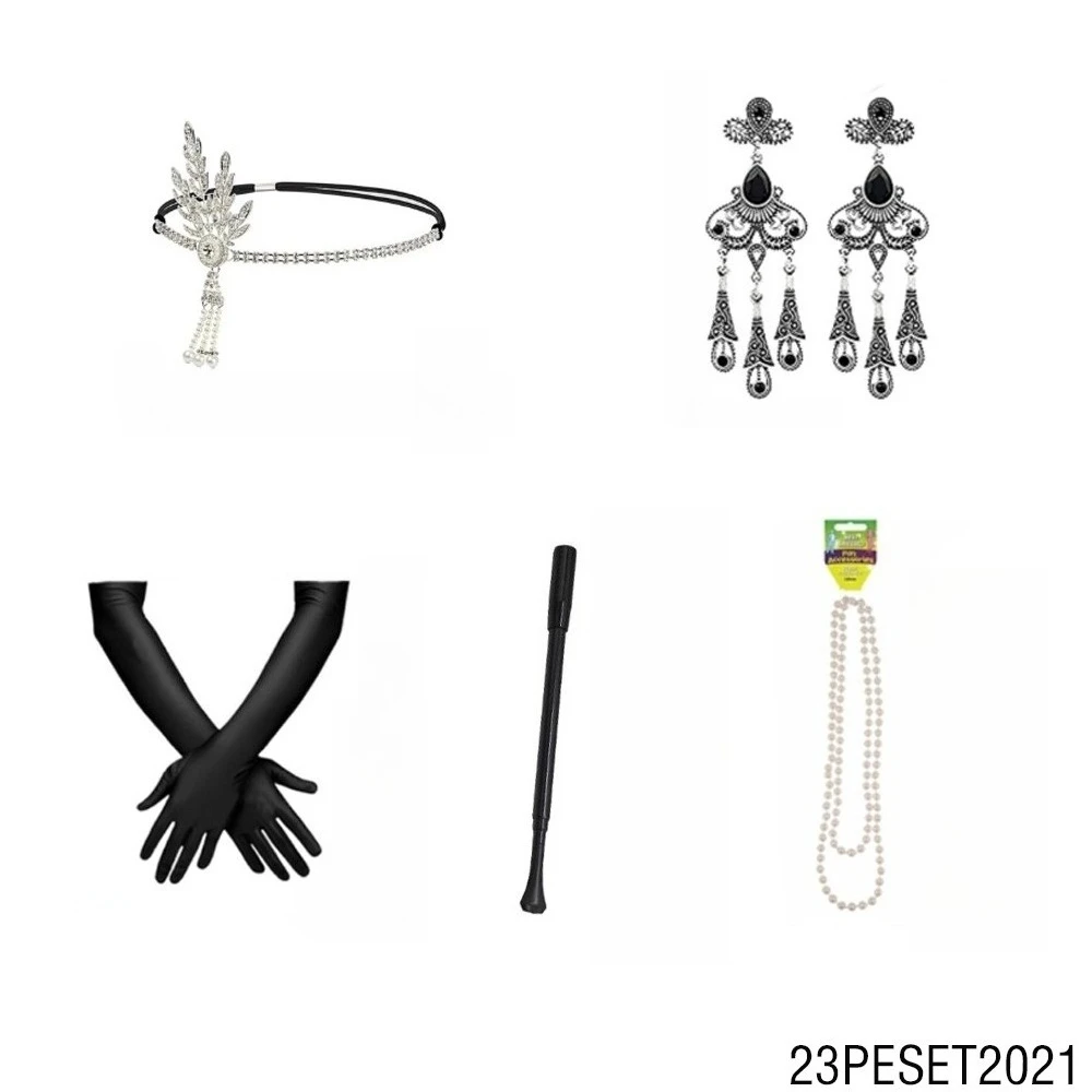 ชุดสตรีย้อนยุคยุค 1920: ที่คาดผมขนนกประดับเพชร, สร้อยคอมุก, ต่างหู, ถุงมือ, ชุดงานเลี้ยงธีมหรูหรา