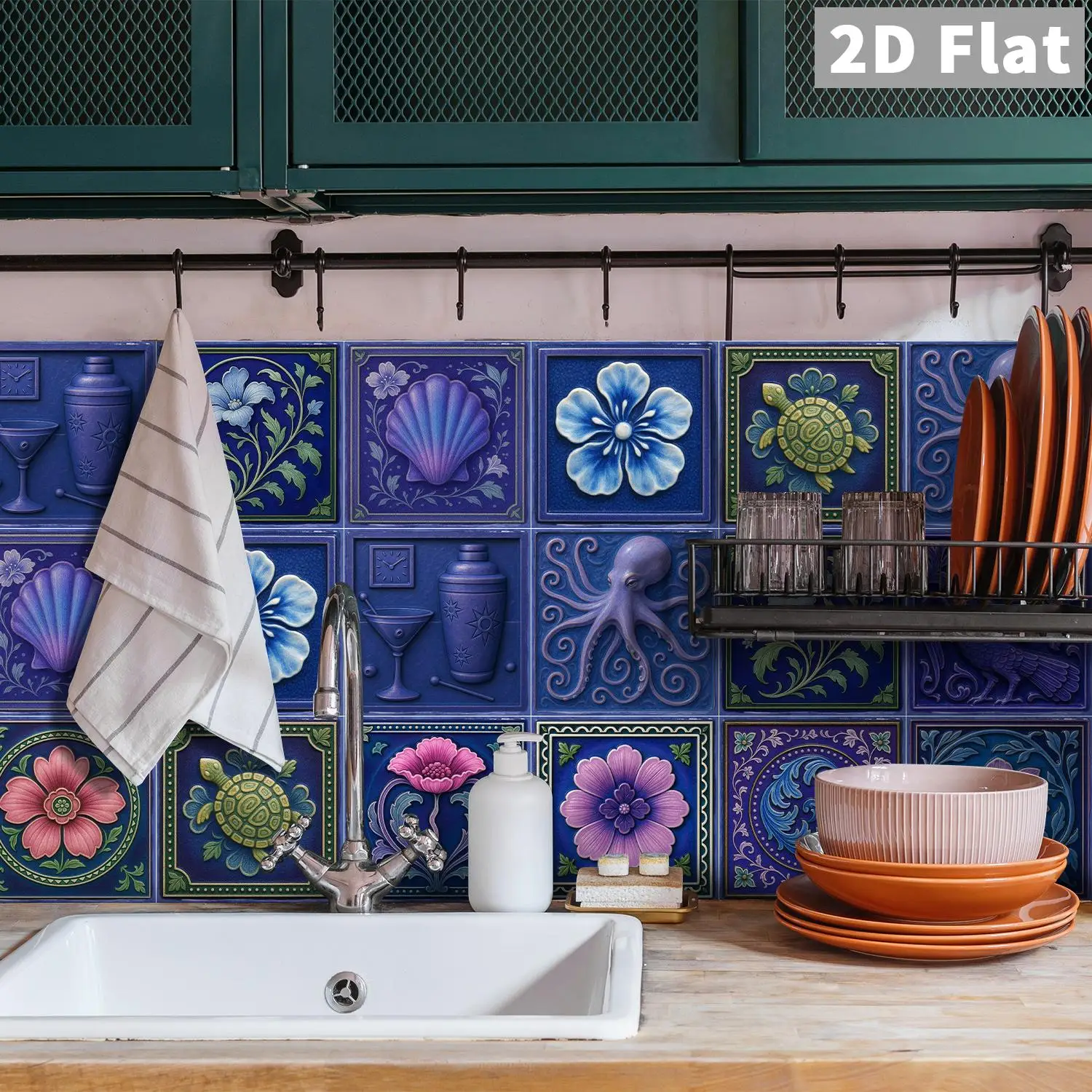 

Deep sea blue retro ocean art tile stickers for bathroom, kitchen, living room, ocean themed space decoration stickers