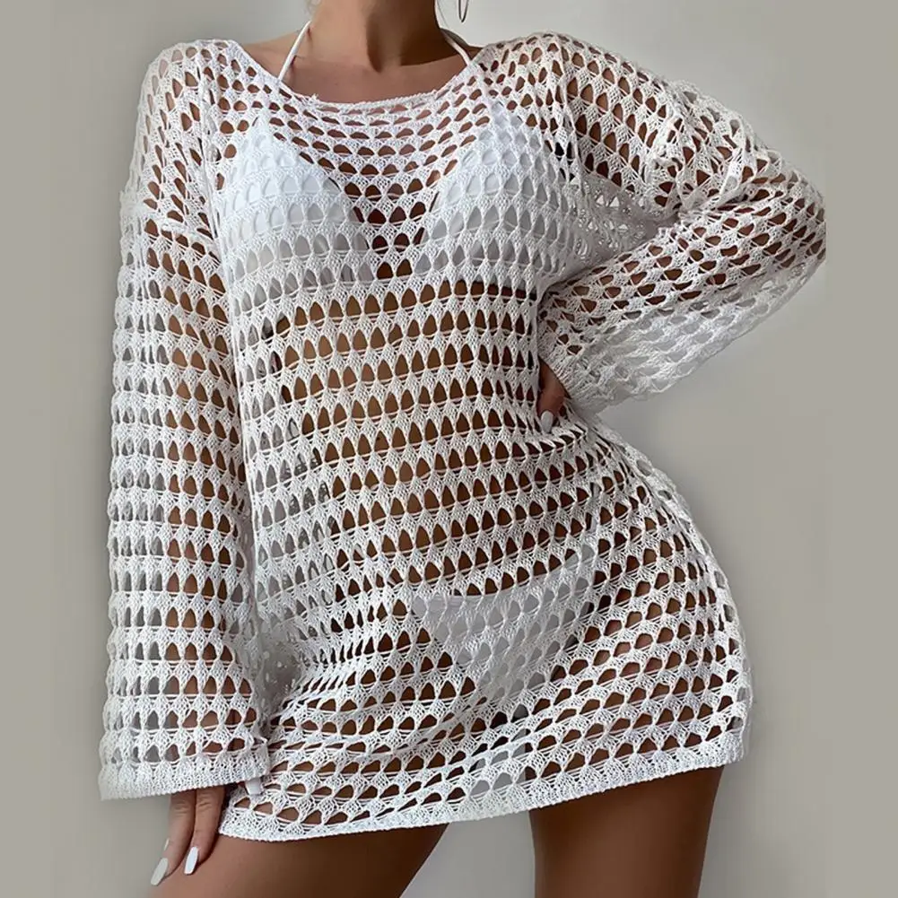 Breathable Swimwear Cover Up Stylish Crochet Beach Dress Sexy Swimsuit Cover Up Summer Hollow Bikini Cover Up O-neck Long Sleeve